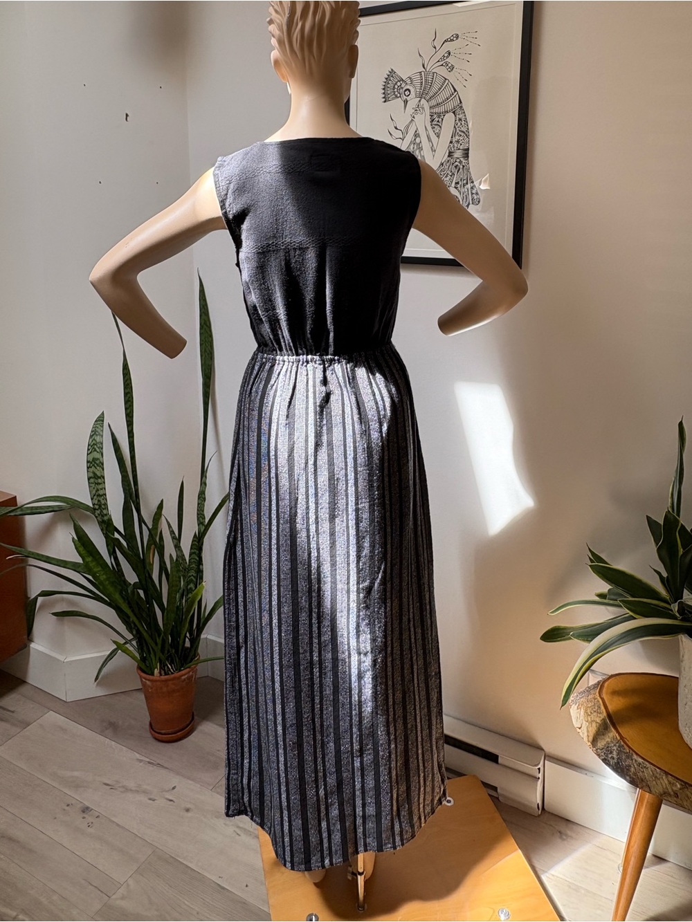 AXKAN Sleeveless Black and Silver Striped Maxi Dress